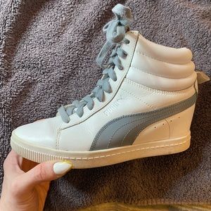 PUMA-white w/grey high top wedge sneakers..size 6.5